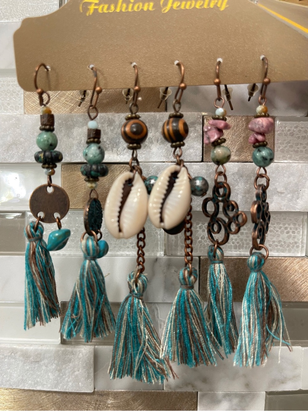 Fashion Jewelry Turquoise, White and Copper Tassel & Shell Earrings Set